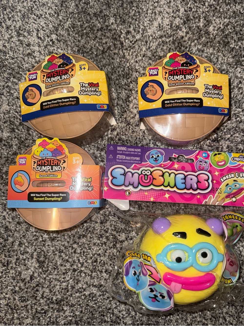 Smushers Yellow Emoji Squeeze Toy + Mystery Dumpling Surprise Pack - Kid Toys
